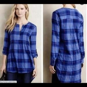 Anthropologie Holding Horses Plaid Blue Orange Tunic Top M